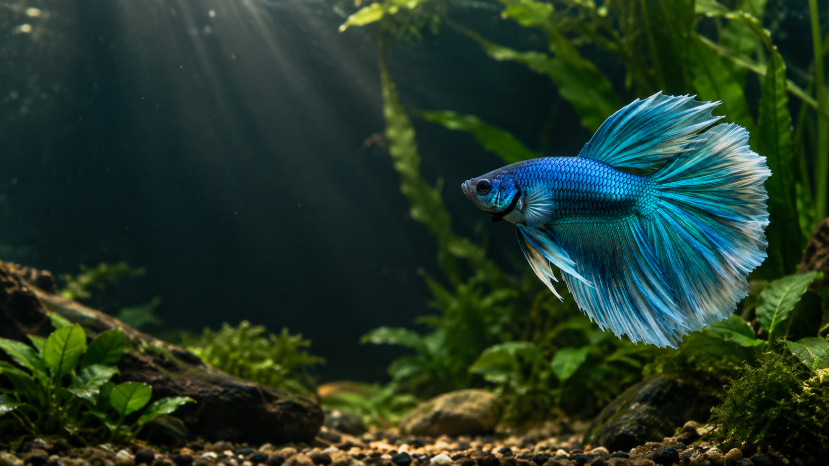 Blue betta fish swimming through a planted aquarium